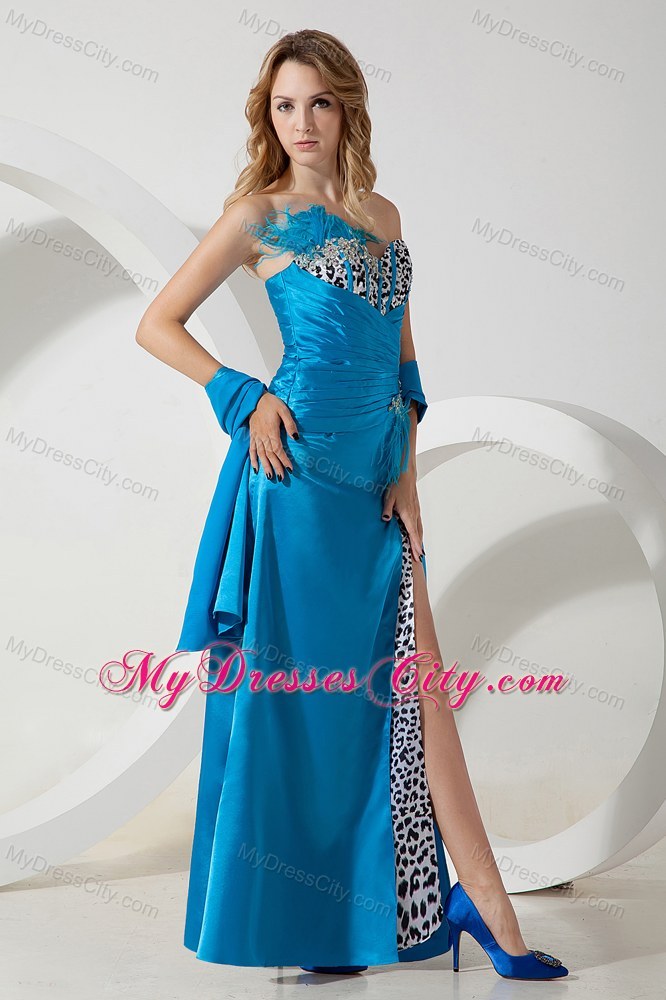 Sky Blue Taffeta and Leopard Feather Decorated Prom Dress