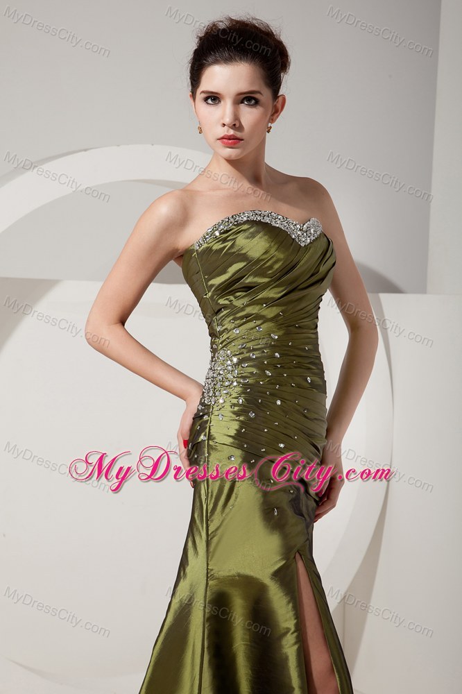Gorgeous Olive Green Prom Dress with Beading and Ruching