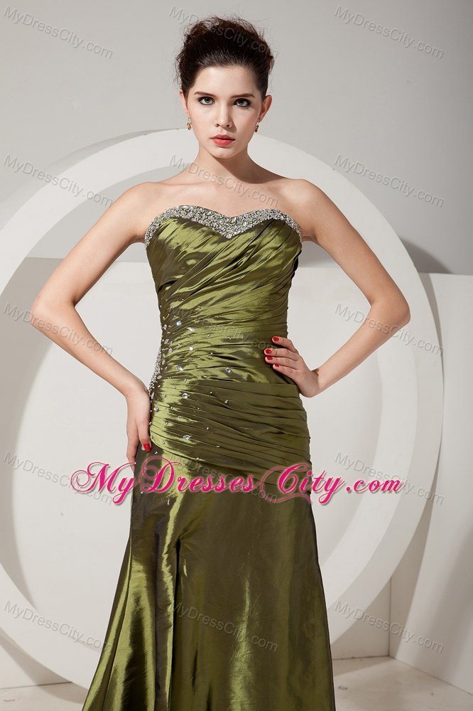Gorgeous Olive Green Prom Dress with Beading and Ruching
