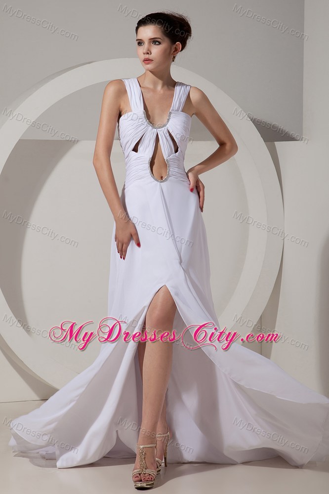 White Wide Straps Ruched Chiffon Prom Dress Wholesale Price