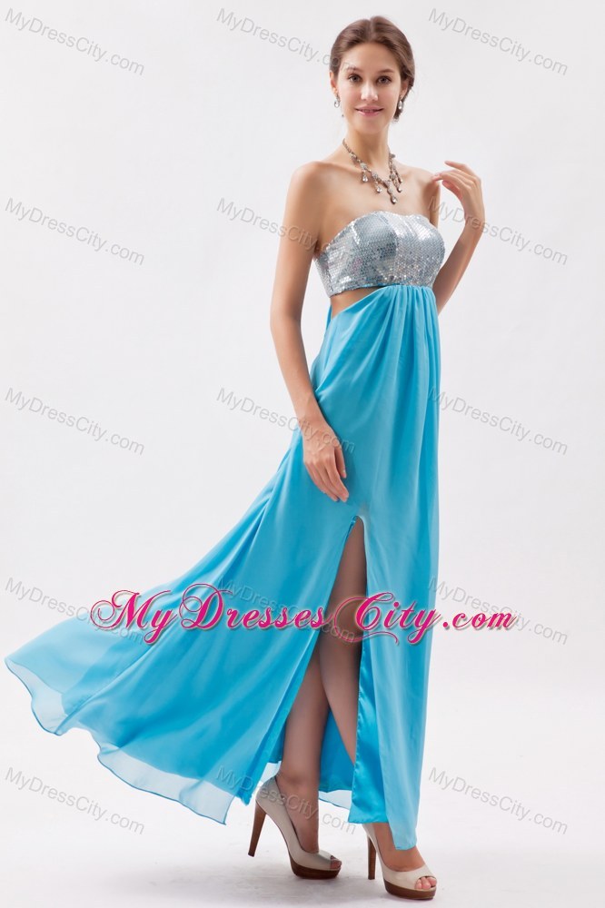 Strapless Sequined Aqua Prom Evening Dress with Cutout