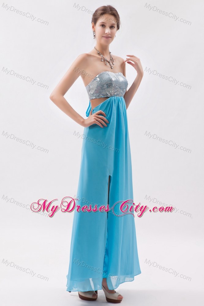 Strapless Sequined Aqua Prom Evening Dress with Cutout