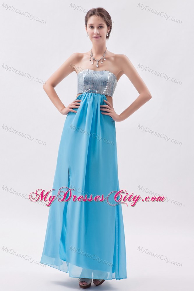Strapless Sequined Aqua Prom Evening Dress with Cutout