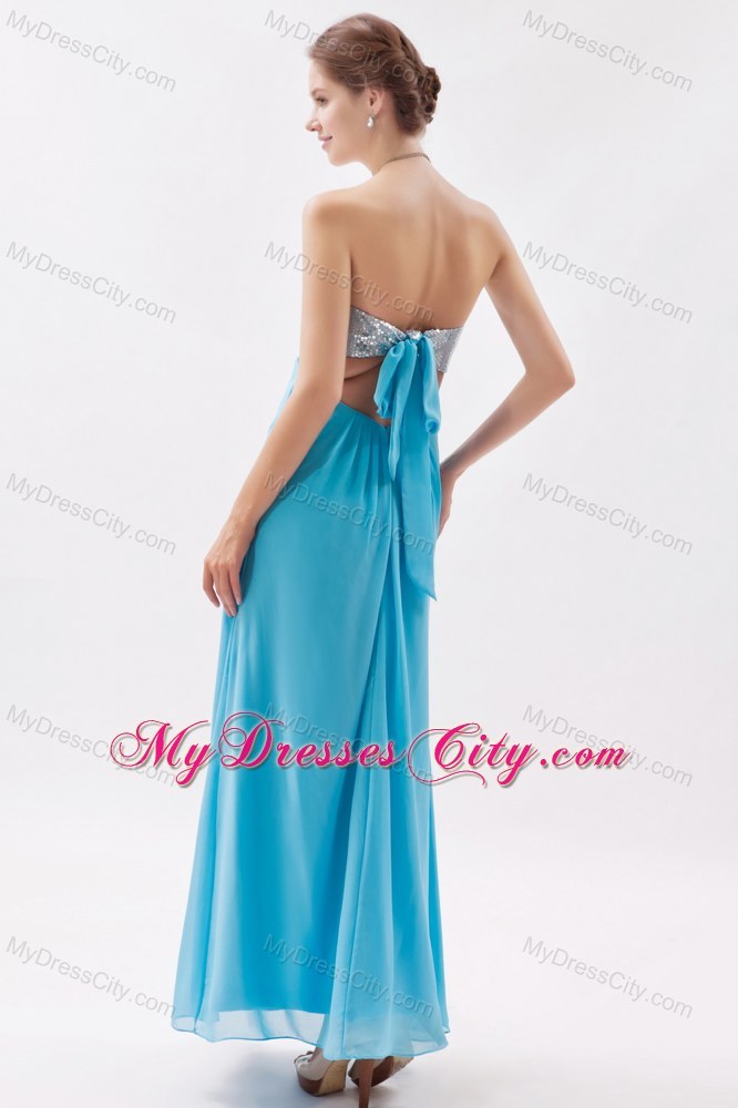 Strapless Sequined Aqua Prom Evening Dress with Cutout