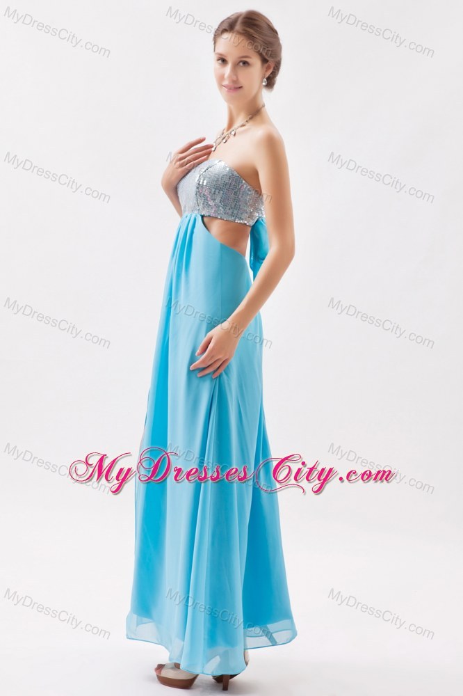 Strapless Sequined Aqua Prom Evening Dress with Cutout