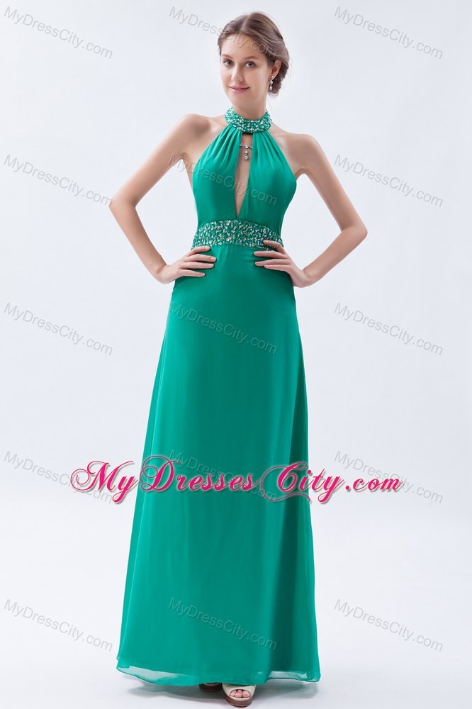 Turquoise High-neck Beaded Backless Prom Party Dress