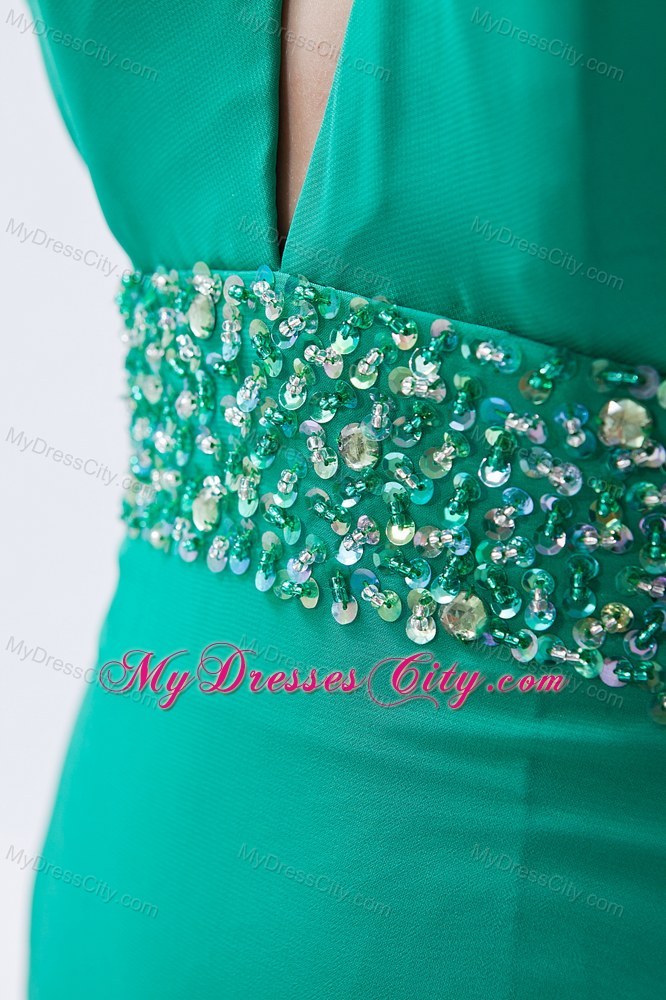 Turquoise High-neck Beaded Backless Prom Party Dress