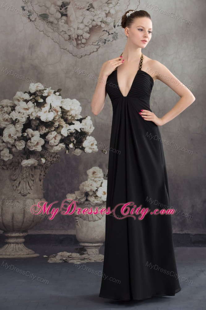 Sexy Black Halter Top Neck Long Beading Empire Prom Dress
