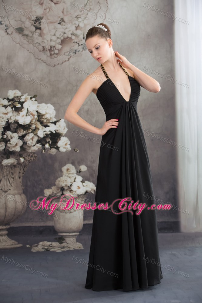 Sexy Black Halter Top Neck Long Beading Empire Prom Dress