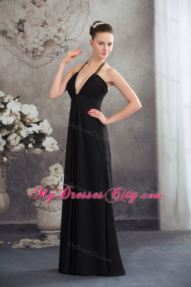 Sexy Black Halter Top Neck Long Beading Empire Prom Dress