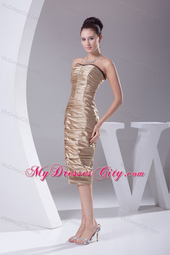 Champagne Knee-length Ruching and Beading Prom Dress
