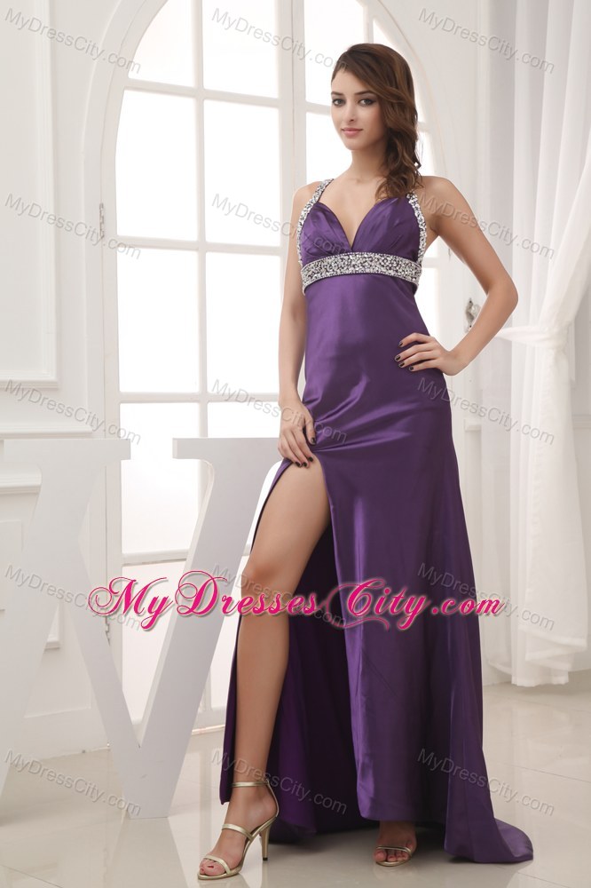 Purple Beaded Decorated Shoulder Halter Top Prom Gown