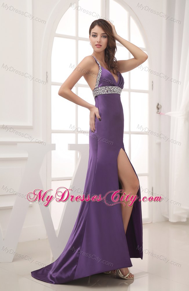 Purple Beaded Decorated Shoulder Halter Top Prom Gown