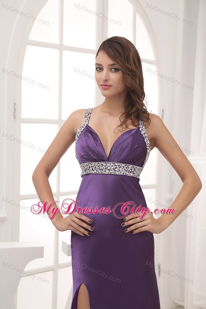 Purple Beaded Decorated Shoulder Halter Top Prom Gown