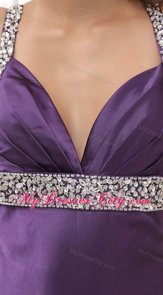 Purple Beaded Decorated Shoulder Halter Top Prom Gown