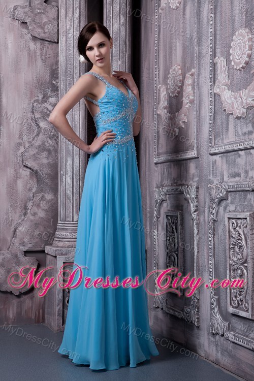 Blue Beaded Prom Dress with Wide Straps for Girls