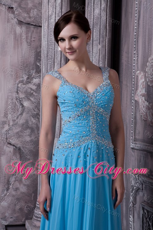 Blue Beaded Prom Dress with Wide Straps for Girls