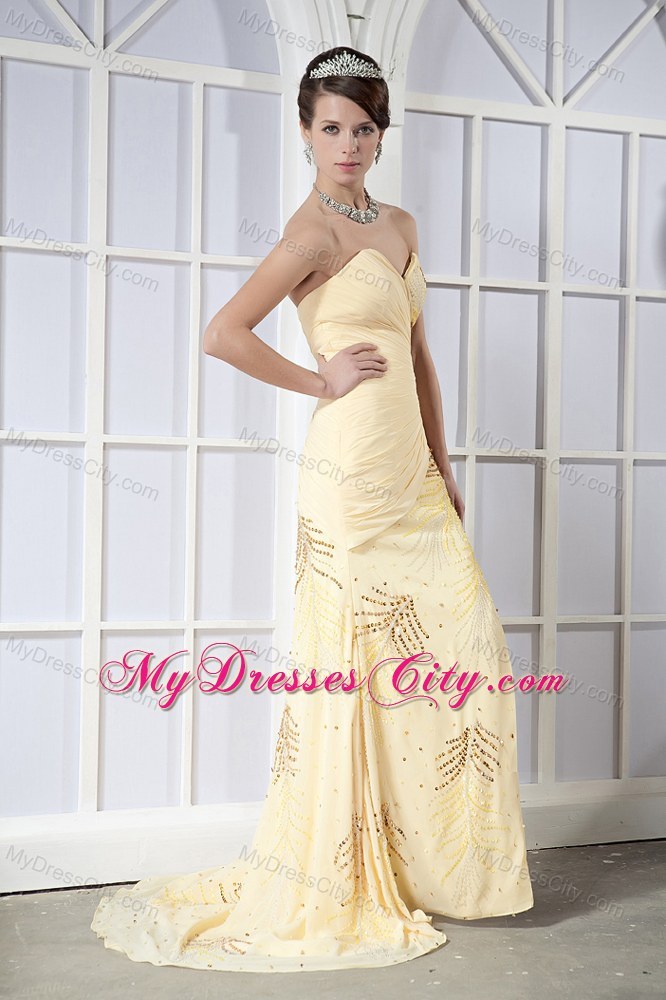 Sequined Light Yellow Sweetheart Chiffon Prom Dress with Slit