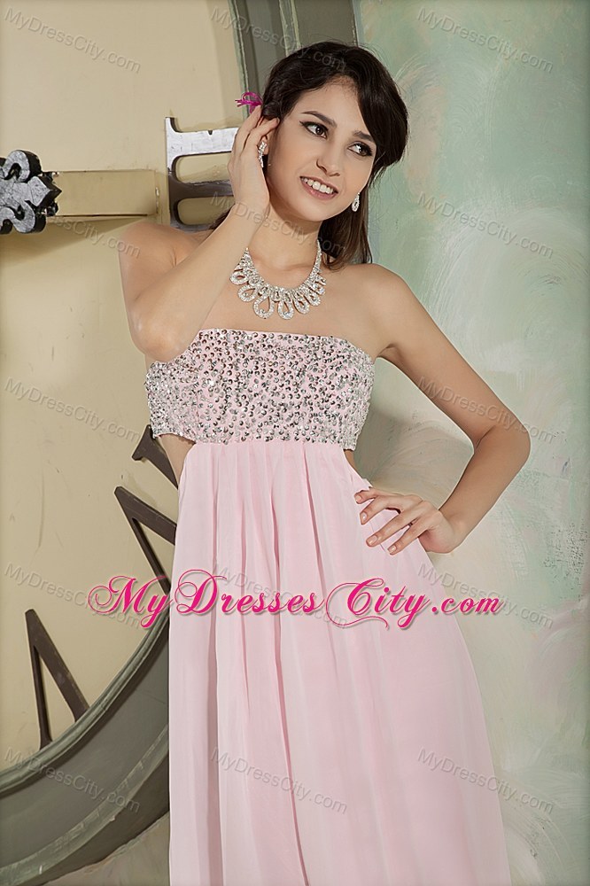 Baby Pink Strapless Beaded Prom Dress with Cutout Back