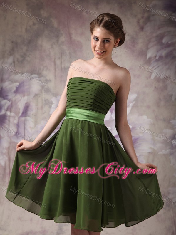 Olive Green Strapless Short Homecoming Dress with Ruches and Sash