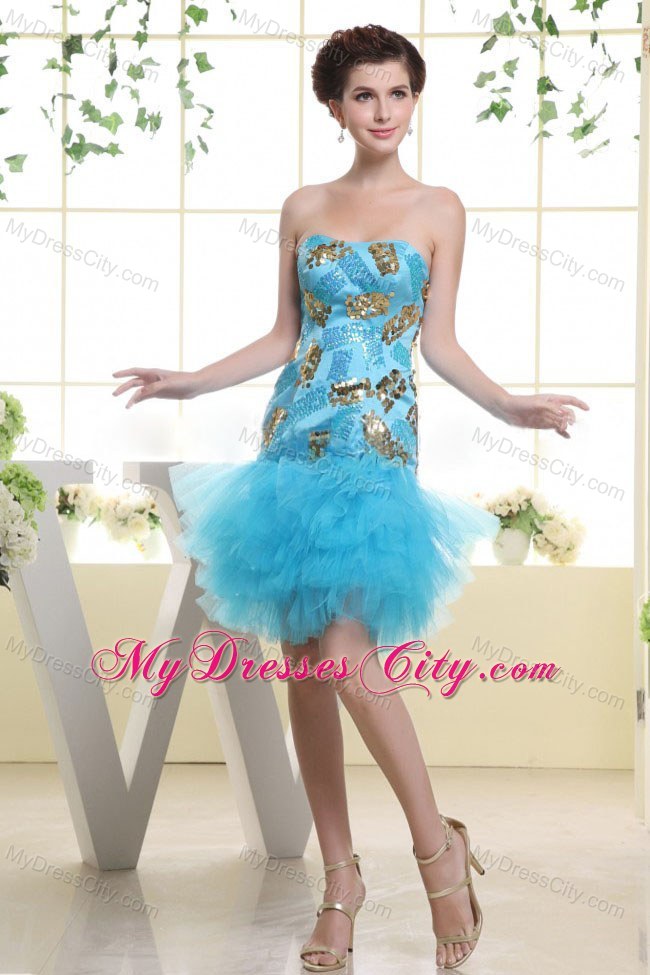 Baby Blue Appliques and Ruffles Mini-length Homecoming Dress