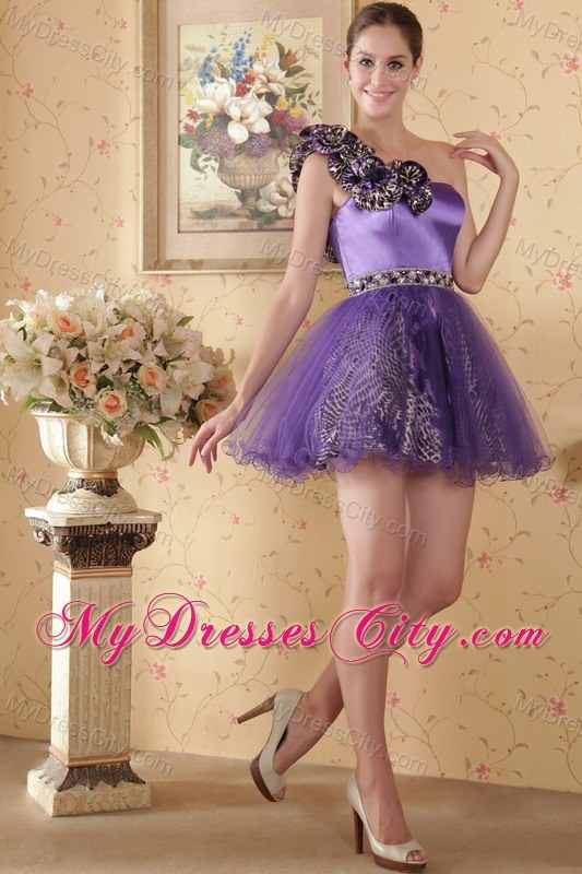 Leopard Hand Flowers Prom Homecoming Dress Purple One Shoulder