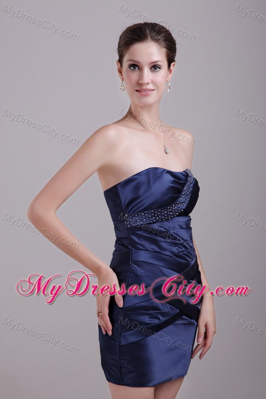 Navy Blue Taffeta Beading Mini-length Homecoming Cocktail Dress