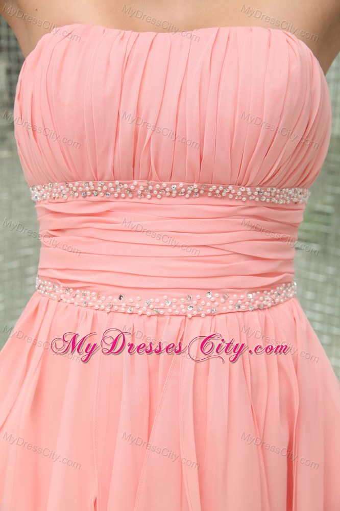 Asymmetrical Baby Pink Beading High-low Homecoming Prom Dress