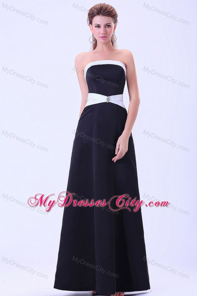 Long Strapless Black and White A-line Bridesmaid Dress
