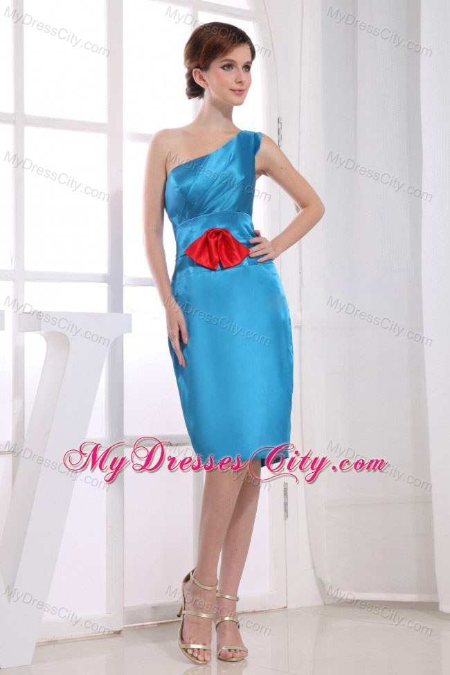 Teal Knee-length One Shoulder Bridesmaid Dress with Red Bow
