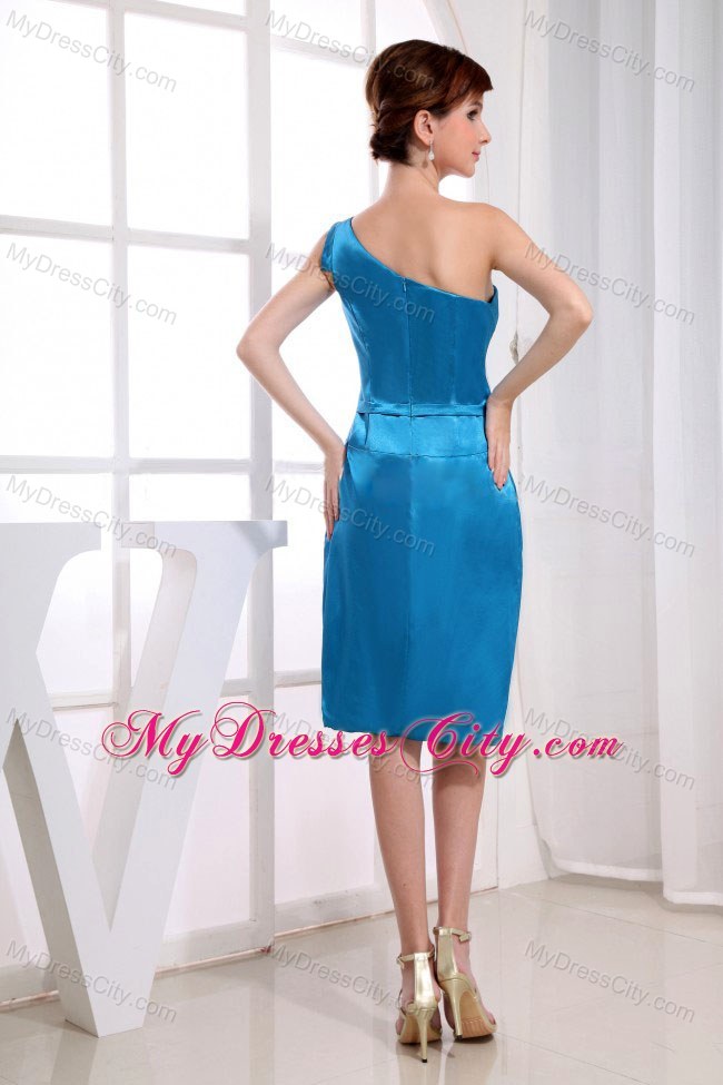 Teal Knee-length One Shoulder Bridesmaid Dress with Red Bow
