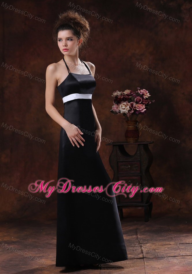 Halter Floor-length Column Black Dresses For Bridesmaid with White Sash