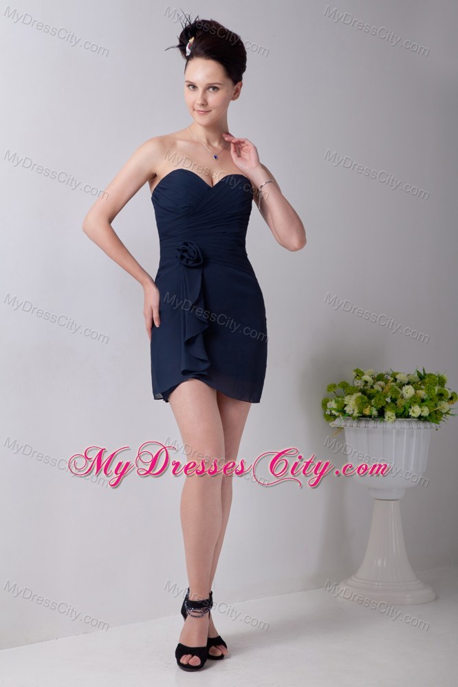Sweetheart Mini-length Hand Made Flower Ruched Bridesmaid Dress