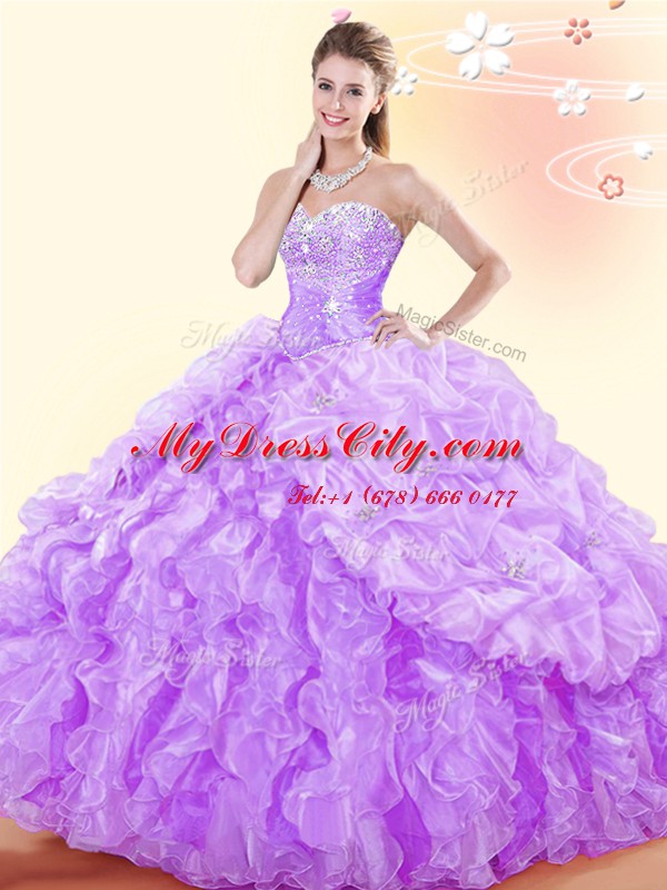 Colorful Lavender Organza Lace Up Vestidos de Quinceanera Sleeveless Floor Length Beading and Ruffles and Pick Ups