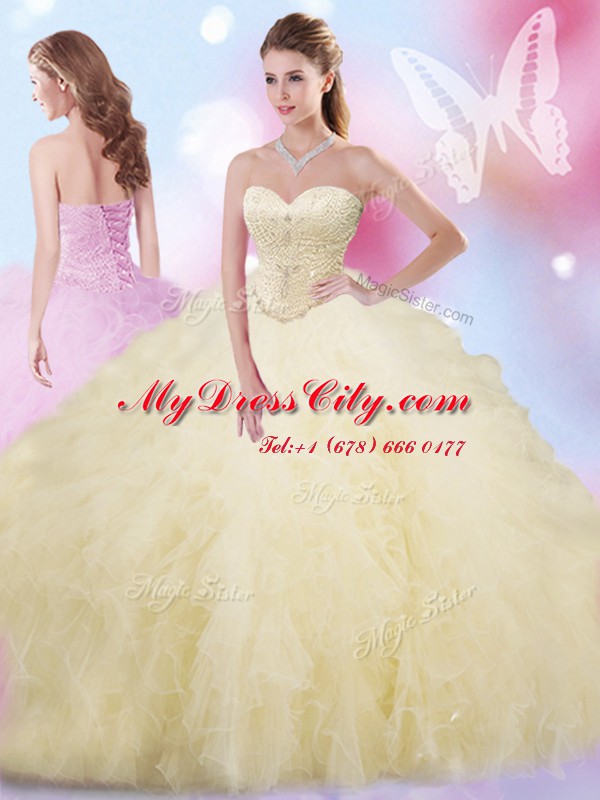 Floor Length Lace Up 15th Birthday Dress Light Yellow for Military Ball and Sweet 16 and Quinceanera with Beading and Ruffles