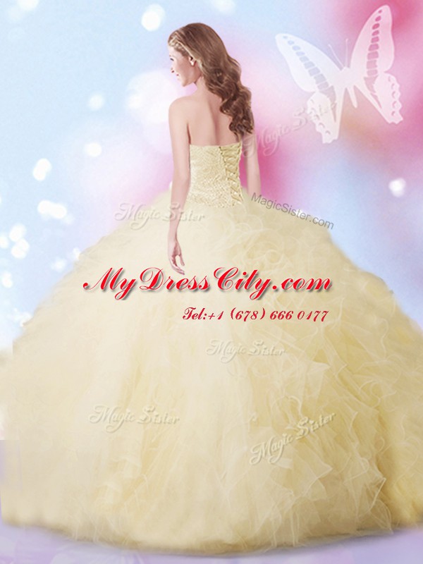 Floor Length Lace Up 15th Birthday Dress Light Yellow for Military Ball and Sweet 16 and Quinceanera with Beading and Ruffles