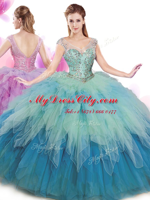 Fancy Floor Length Ball Gowns Cap Sleeves Multi-color 15th Birthday Dress Lace Up
