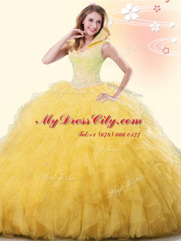 On Sale Backless Tulle Sleeveless Floor Length 15th Birthday Dress and Beading and Ruffles