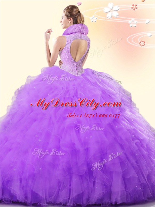 On Sale Backless Tulle Sleeveless Floor Length 15th Birthday Dress and Beading and Ruffles
