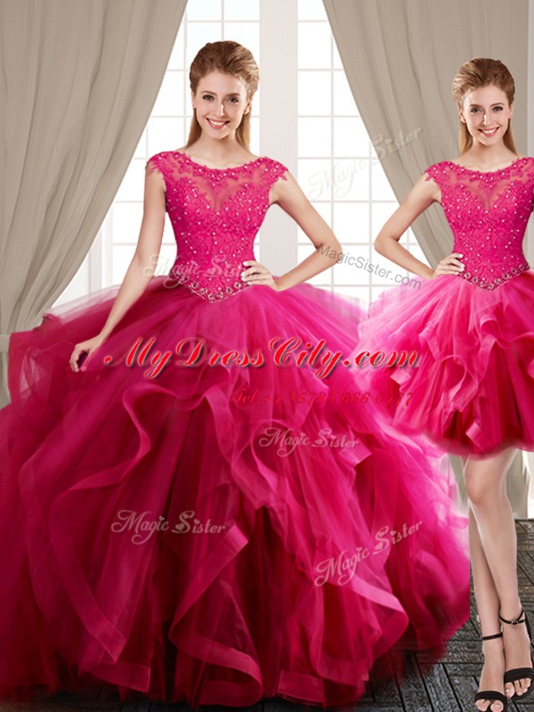 Suitable Three Piece Scoop Hot Pink Lace Up Quinceanera Dresses Beading and Appliques and Ruffles Cap Sleeves With Brush Train
