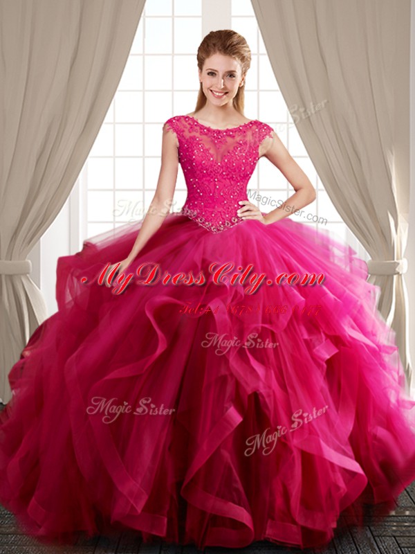 Suitable Three Piece Scoop Hot Pink Lace Up Quinceanera Dresses Beading and Appliques and Ruffles Cap Sleeves With Brush Train