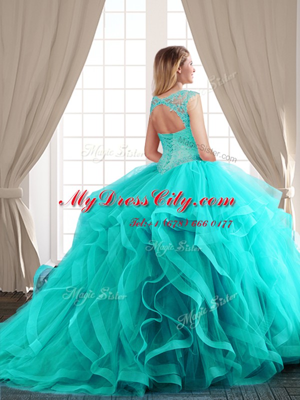 Suitable Three Piece Scoop Hot Pink Lace Up Quinceanera Dresses Beading and Appliques and Ruffles Cap Sleeves With Brush Train