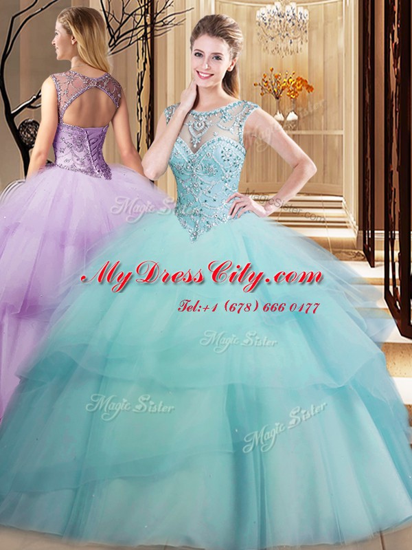 Deluxe Light Blue Ball Gowns Scoop Sleeveless Tulle Brush Train Lace Up Beading and Ruffled Layers Quinceanera Dresses