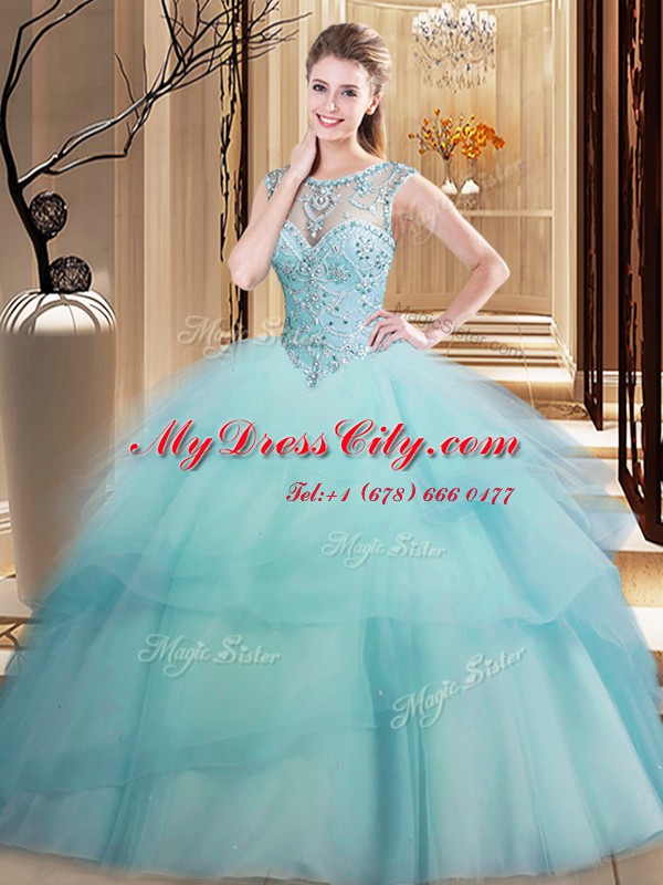 Deluxe Light Blue Ball Gowns Scoop Sleeveless Tulle Brush Train Lace Up Beading and Ruffled Layers Quinceanera Dresses