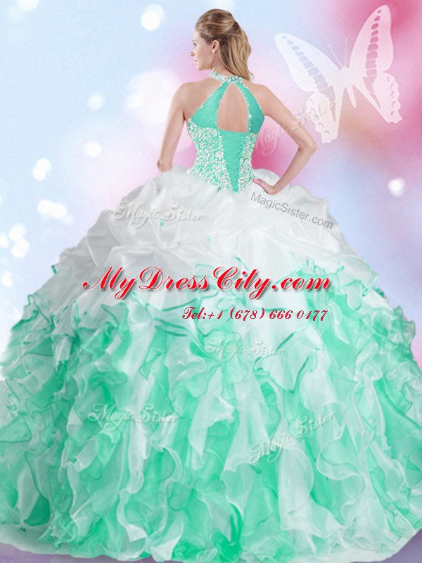 Free and Easy Halter Top Sleeveless Beading and Ruffles and Pick Ups Lace Up Quinceanera Dress