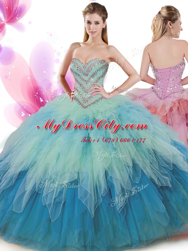 Multi-color Ball Gowns Sweetheart Sleeveless Tulle Floor Length Lace Up Beading and Ruffles Ball Gown Prom Dress