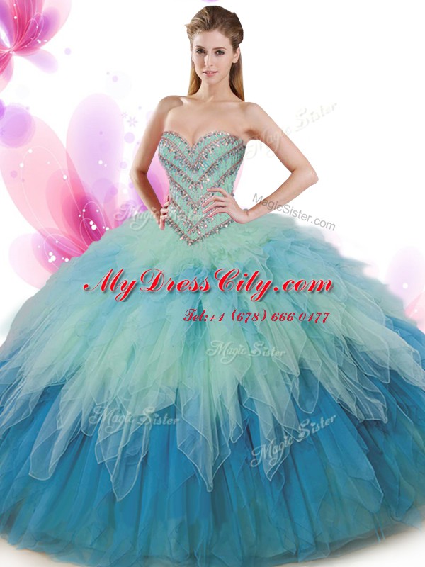 Multi-color Ball Gowns Sweetheart Sleeveless Tulle Floor Length Lace Up Beading and Ruffles Ball Gown Prom Dress
