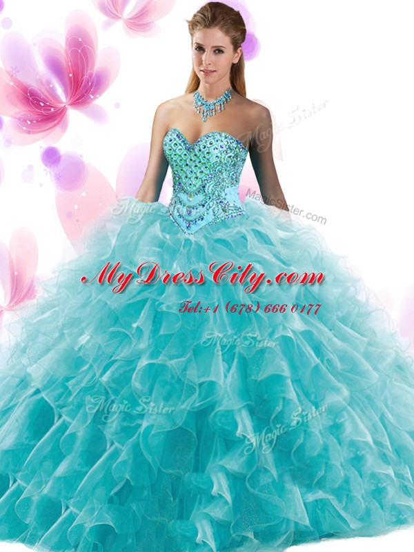 Organza Sweetheart Sleeveless Lace Up Beading and Ruffles Quinceanera Gowns in Teal