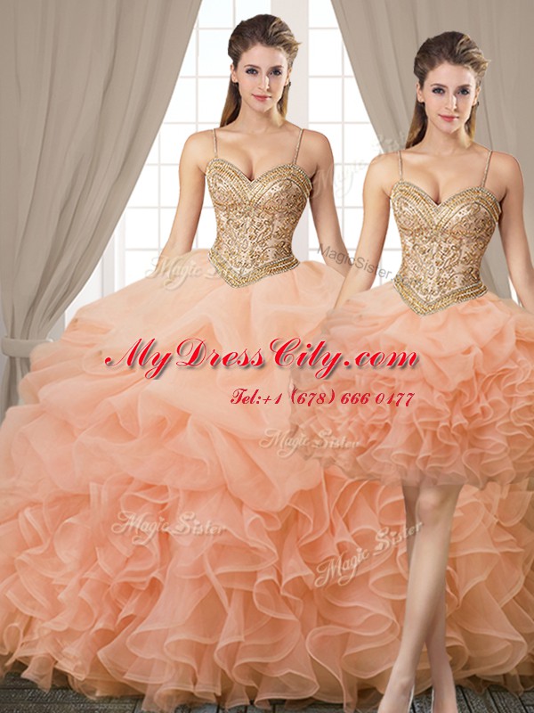 Modern Three Piece Organza Spaghetti Straps Sleeveless Lace Up Beading and Ruffles and Pick Ups Quinceanera Dresses in Peach