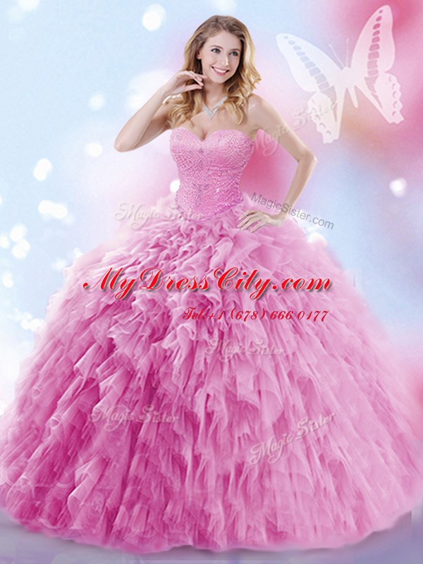 Sweetheart Sleeveless 15th Birthday Dress Brush Train Beading and Ruffles Rose Pink Tulle